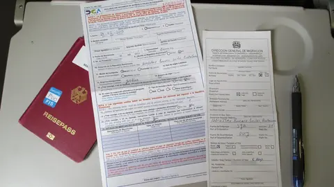 Passport, filled-in forms and a pen laid out on a tray table